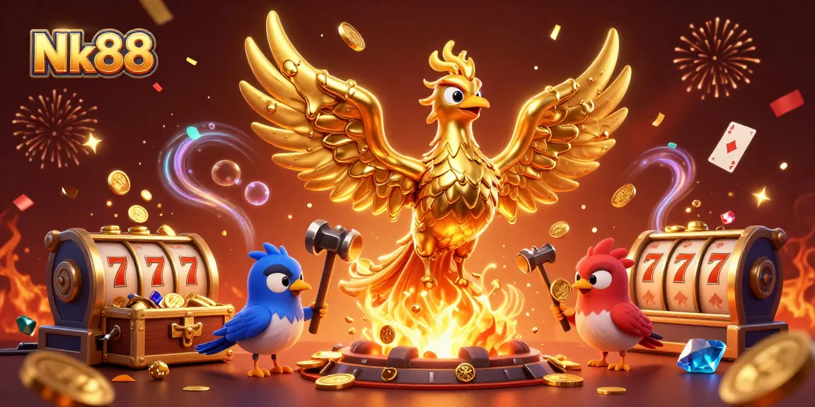 Experience the exciting world of Nk88 with a dazzling golden phoenix and vibrant casino elements.