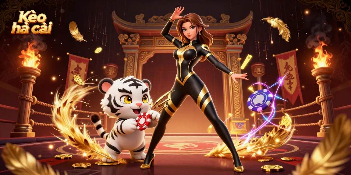 Kèo nhà cái showcases an acrobatic woman and a tiger, immersed in a dynamic sports betting scene.