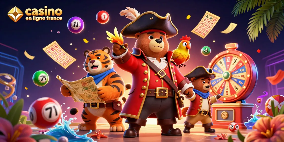 Jouez à casino en ligne France avec des personnages colorés dans un univers dynamique de loteries et de jeux.