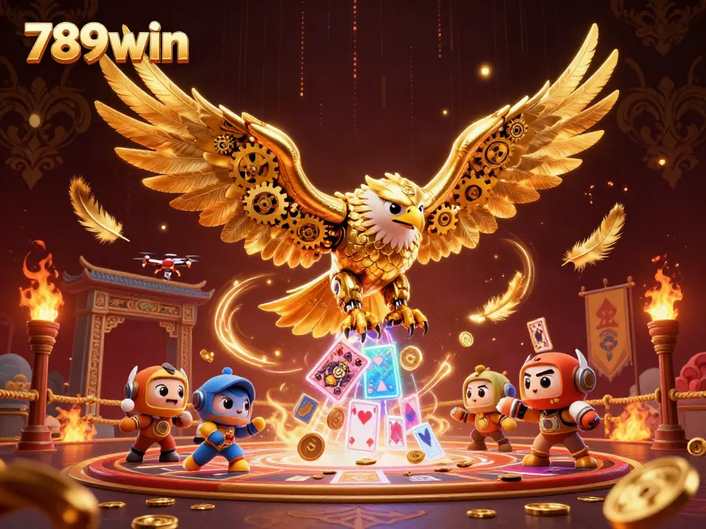 Experience thrilling gameplay with 789win as a golden eagle soars through holographic cards.