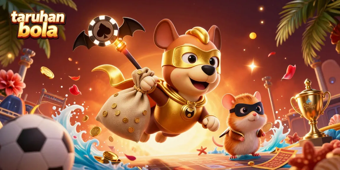 Experience thrilling taruhan bola action with a 3D superhero dog flying, amidst sports elements and vibrant casino energy.