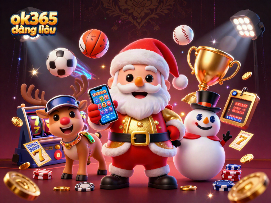 Experience the thrill of ok365 đăng nhập with Santa and friends celebrating jackpots in a dynamic casino scene.
