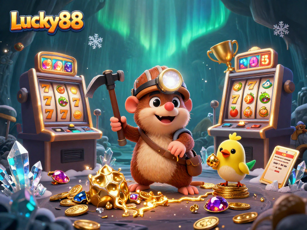 Lucky88 features a treasure hunter mole and canary surrounded by spinning slot machines and casino gold.