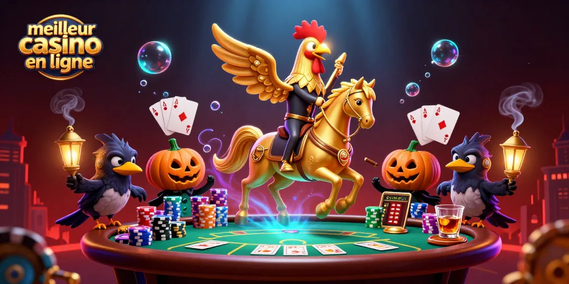 Illustration d'un coq doré au casino, meilleur casino en ligne, avec des éléments de jeu animés.
