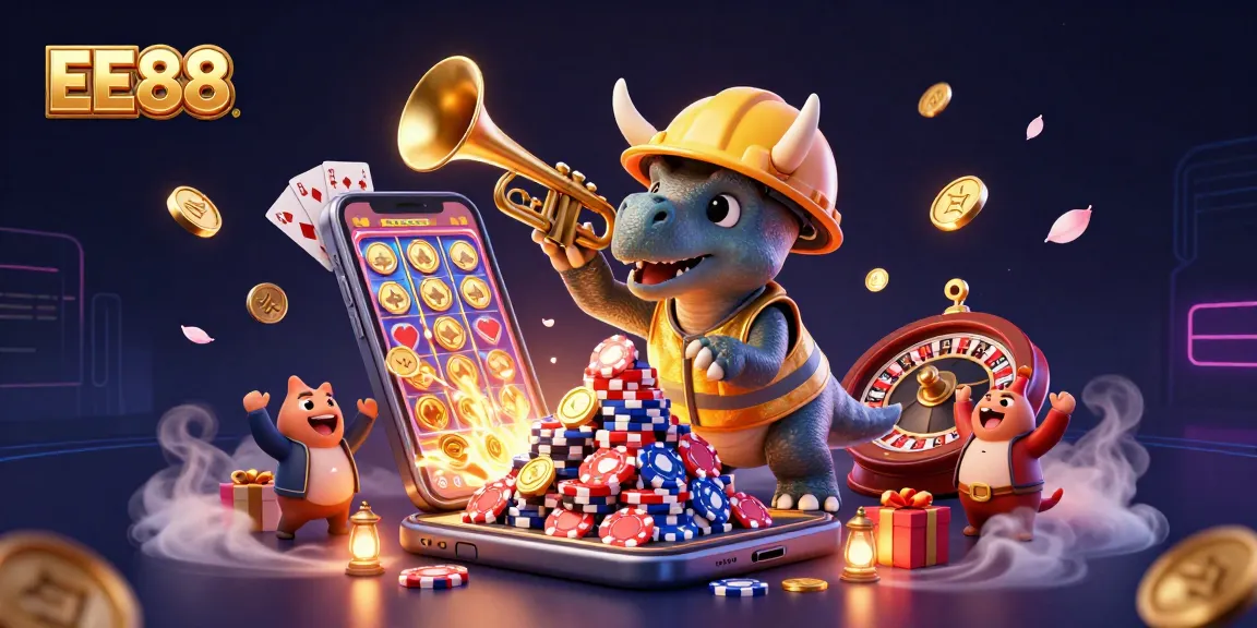 Experience EE88's exciting gameplay with a vibrant casino scene featuring slot wins and fun.