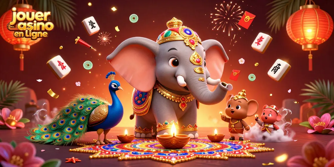 Jouer au casino en ligne avec un éléphant décoré et un paon, ambiance festive et jeux d'argent.