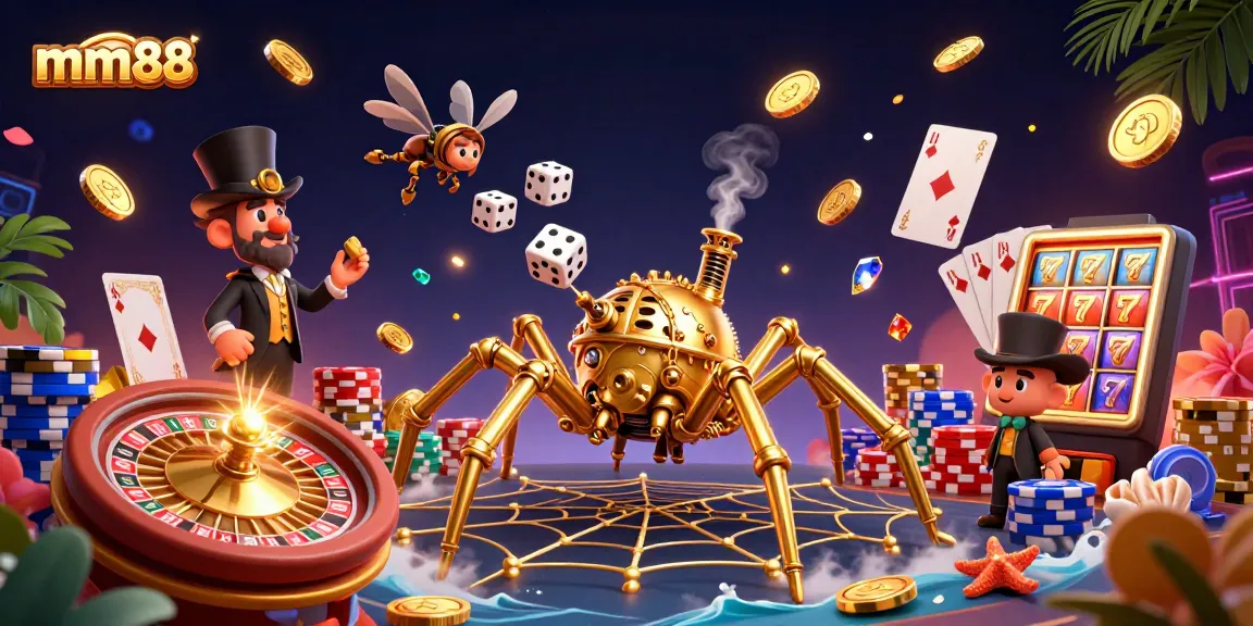 Engage with mm88's thrilling casino experience: a steampunk spider caught in a web of fortune.