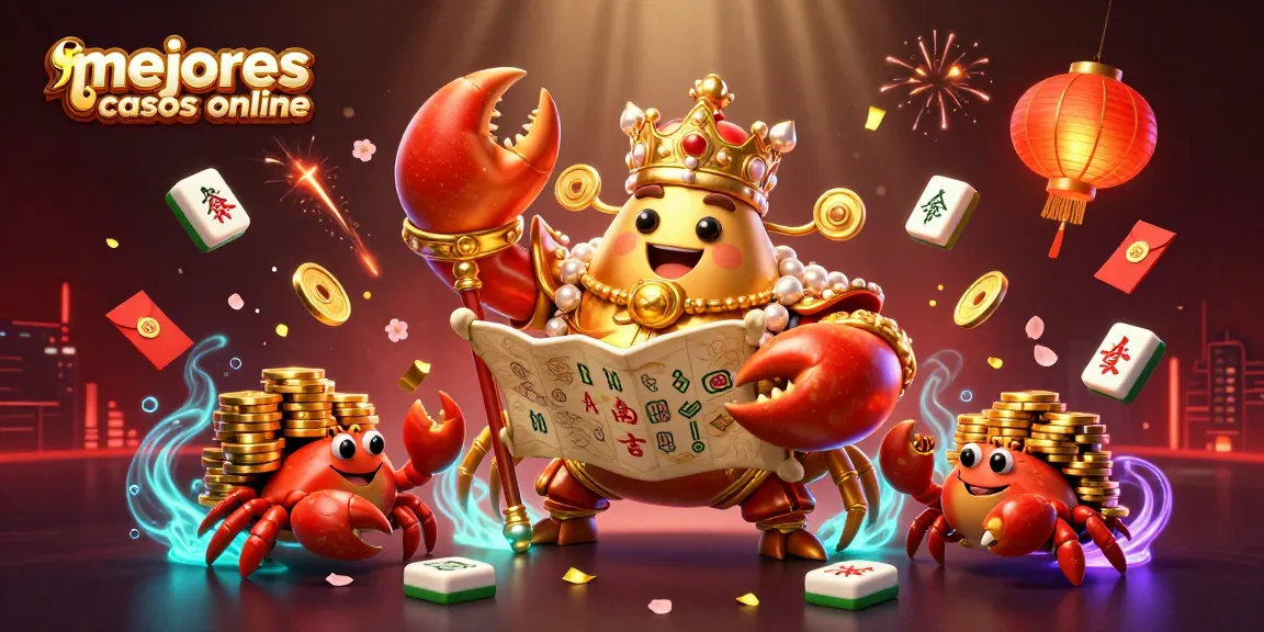 Explora los mejores casinos online con una ilustración de un rey cangrejo sosteniendo un cetro y un mapa del tesoro.