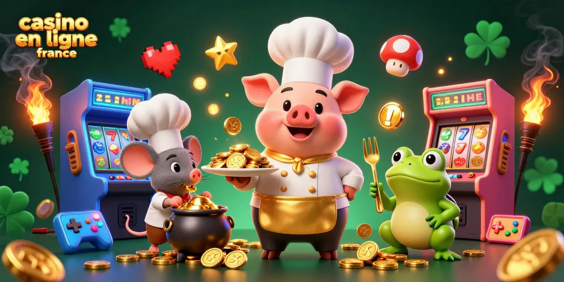 Illustration 3D colorée de casino en ligne France, avec un chef cochon servant des pièces d'or entouré de jeux vidéo et de symboles de machine à sous.