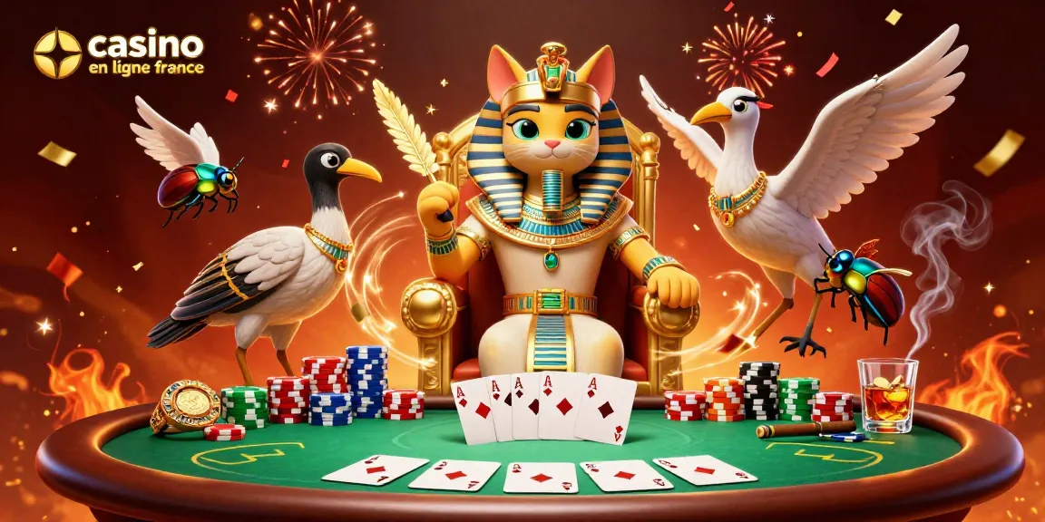 Jouer au poker dans un casino en ligne France avec un pharaon égyptien et des éléments de jeu captivants.
