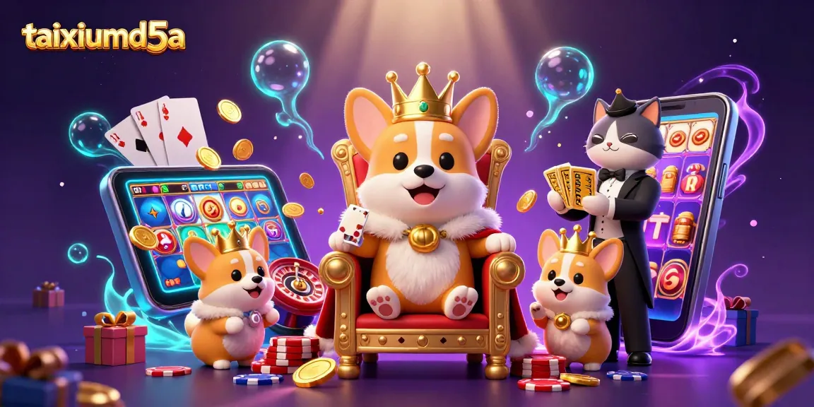 Experience thrilling gaming with taixiumd5a as royal corgi reigns over vibrant action-packed casino scene.