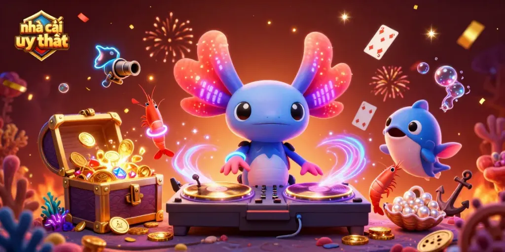 Engaging illustration of nhà cái uy tín highlighting vibrant 3D axolotl DJ and underwater gaming elements.