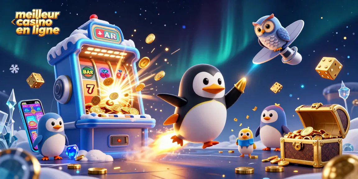 Plongez dans l'univers du meilleur casino en ligne avec un pingouin doré poussé par une fusée.