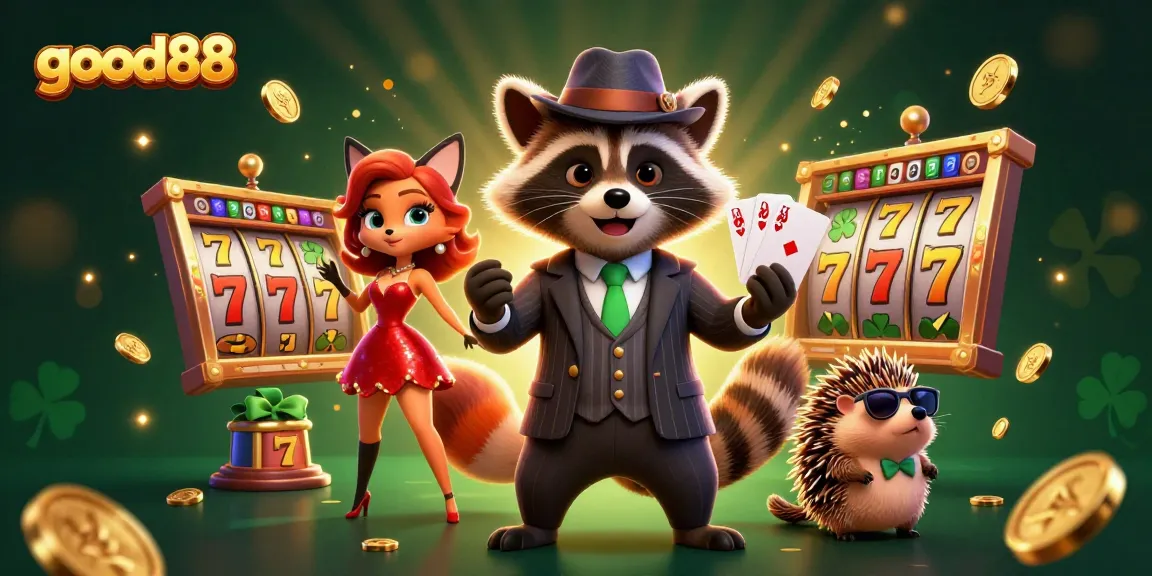 Engage with good88 online casino's immersive games featuring a raccoon holding a royal flush.