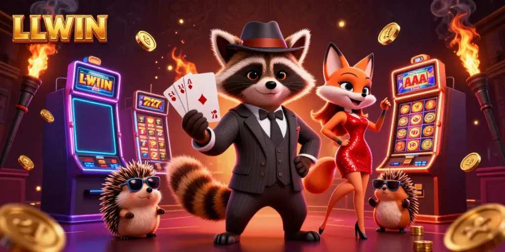 Experience the energetic gaming atmosphere of LLWIN with a charming raccoon, fox, and hedgehog in a vibrant casino setting.