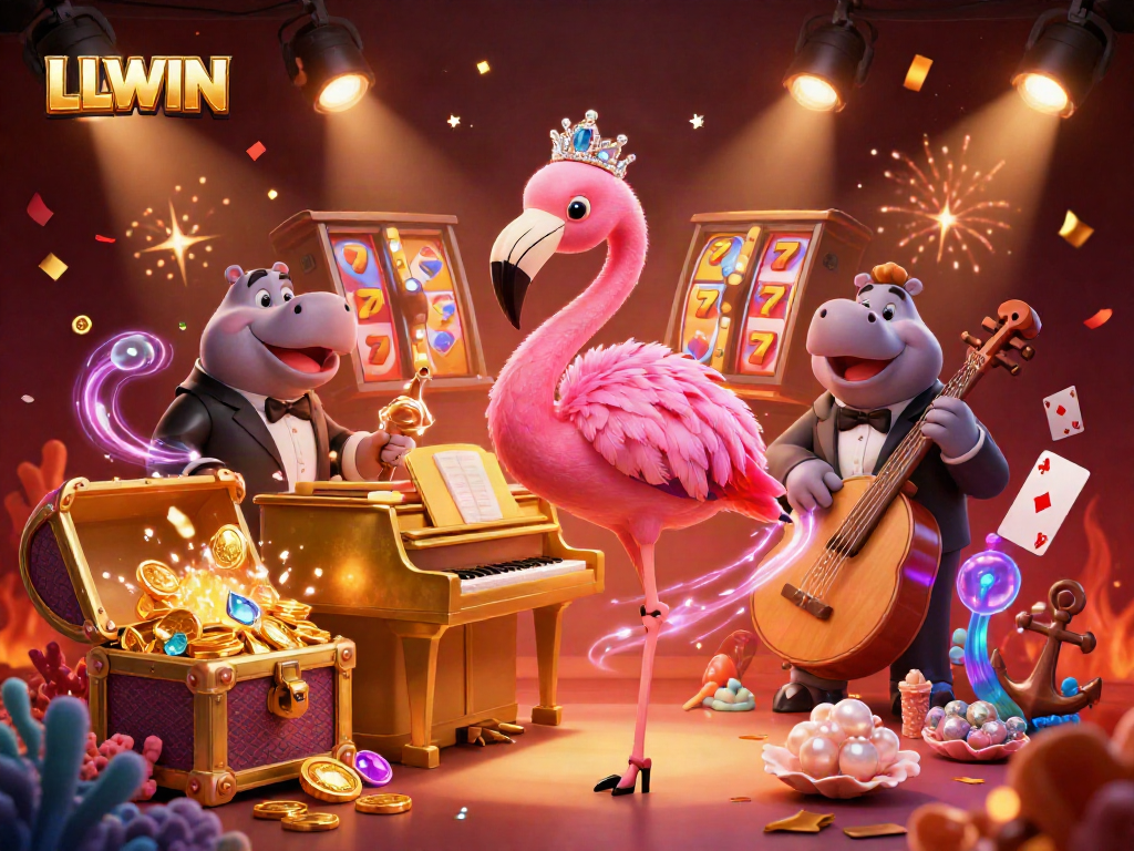 LLWIN's vibrant casino scene showcases a flamingo singer and hippo bassist in a thrilling gambling atmosphere.