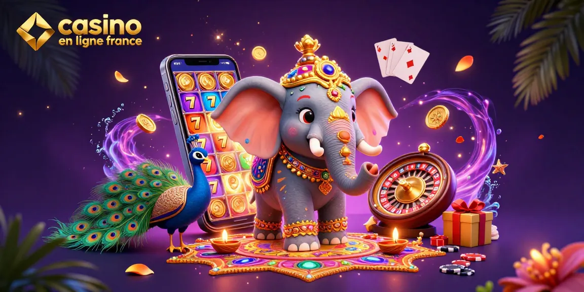 Jouer au casino en ligne France avec un éléphant coloré et des éléments festifs autour.