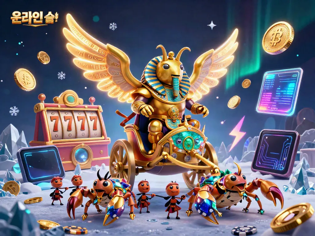 Engage in thrilling online slots with a stunning scene featuring a golden scarab beetle and vibrant game elements.