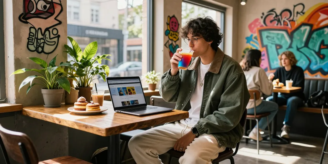Stylish streetwear enthusiast enjoying coffee while browsing rokok88 website in an urban coffee shop.