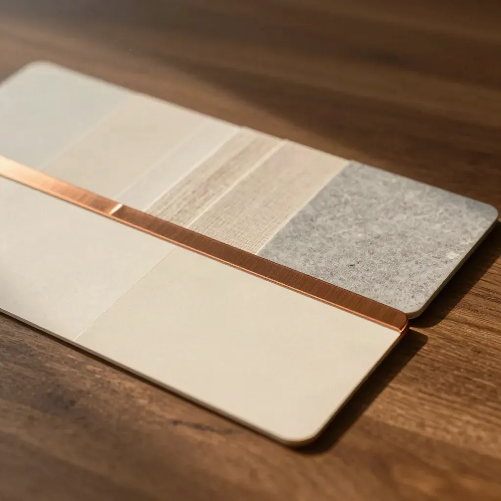 Six blank cards, brass strip, and stone and linen samples arranged on walnut wood.