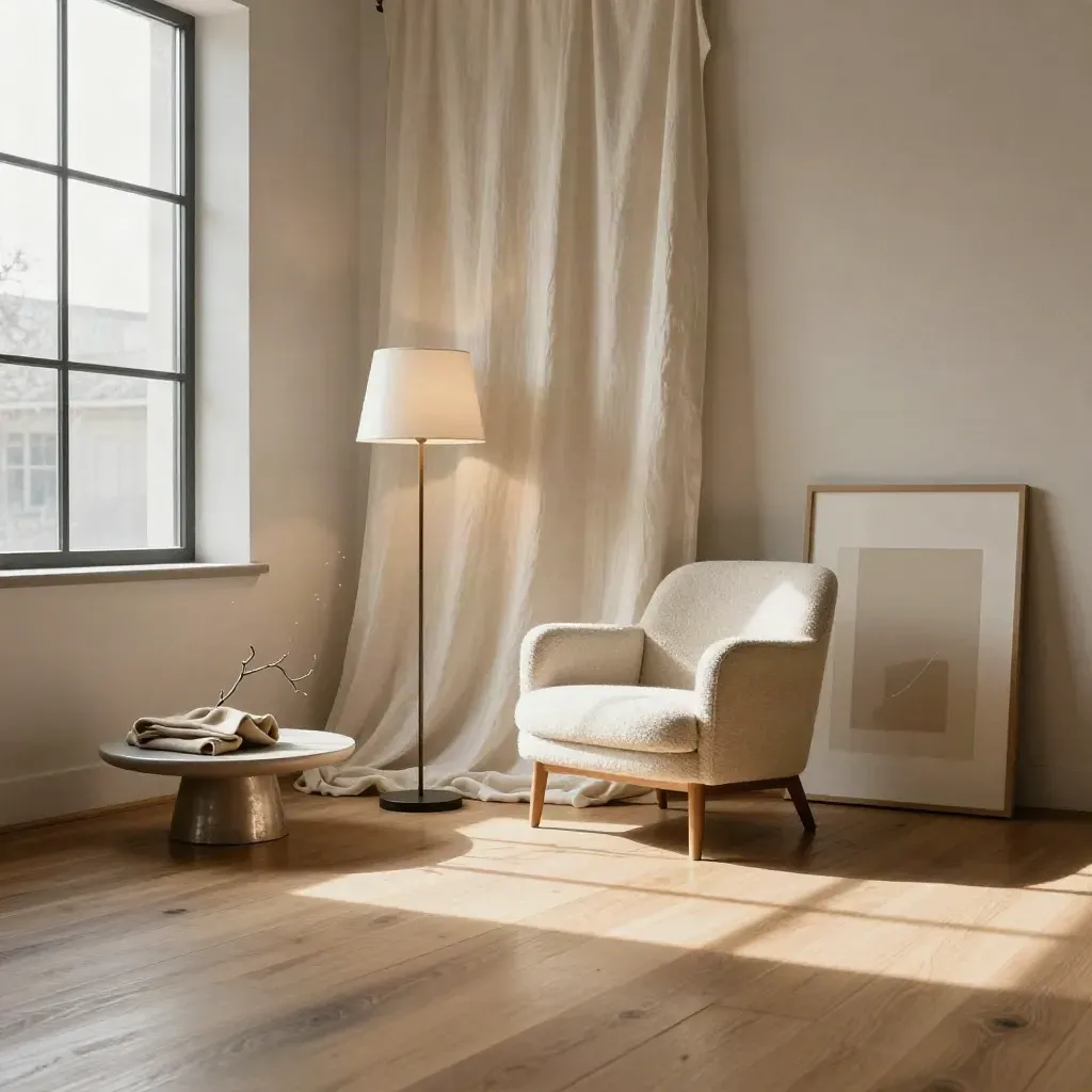 Loft biography corner with linen backdrop, chair, lamp, and framed neutral print in warm morning light.