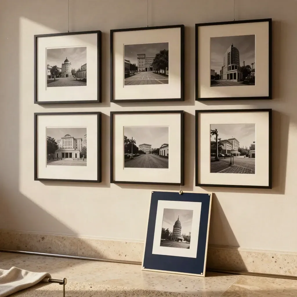 Framed project prints on a travertine gallery wall with one proof board leaning on the floor.