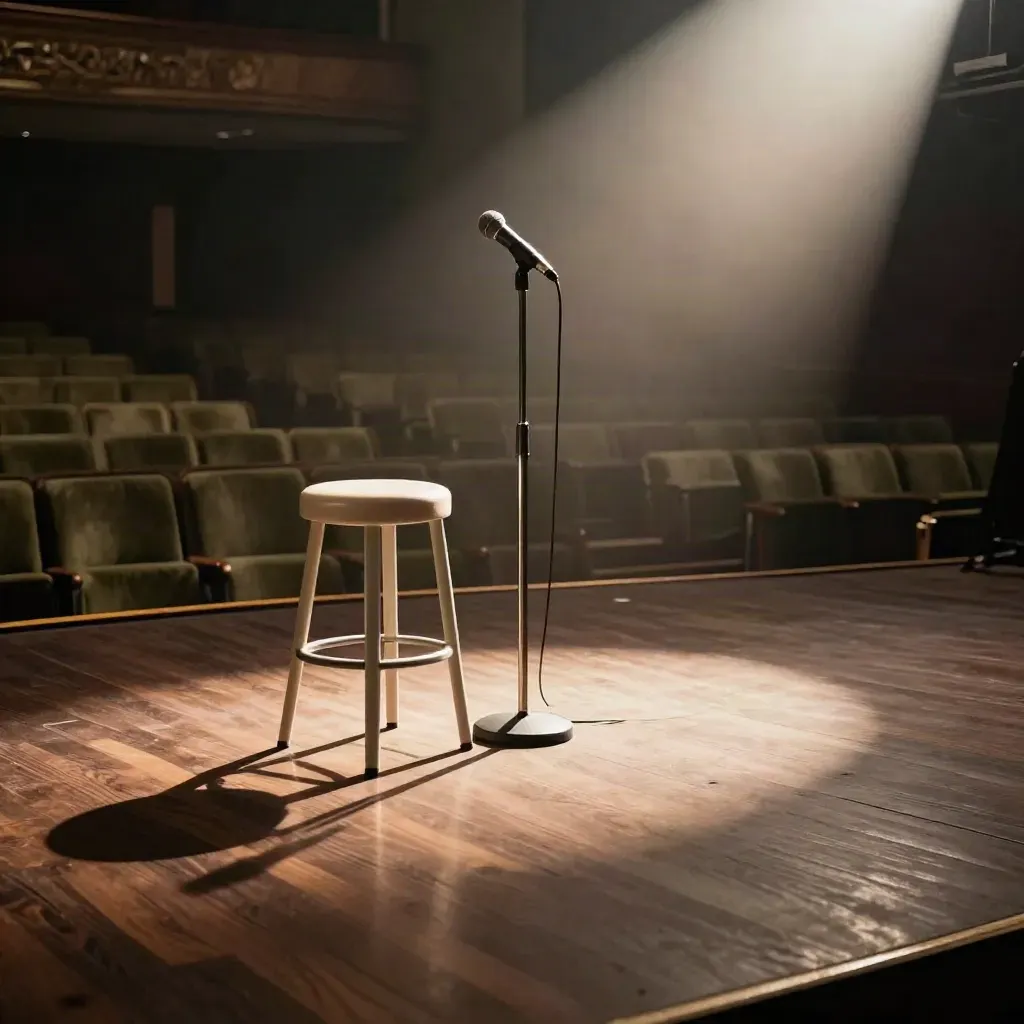 Empty keynote stage with mic, stool, and spotlight pool in a hazy theater