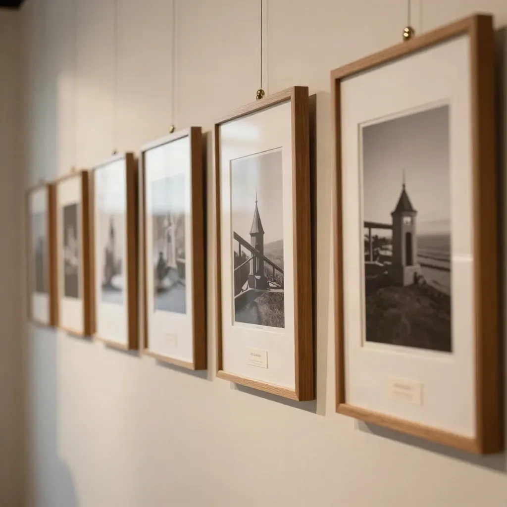 Diagonal gallery wall of framed project images with small caption cards on a warm plaster wall.