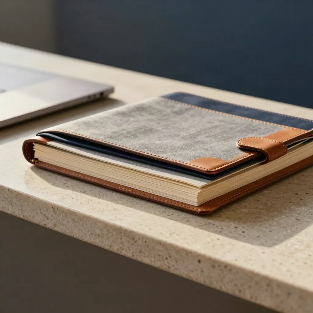 Leather folio, archive sleeves, and closed laptop on stone, arranged for portfolio review.