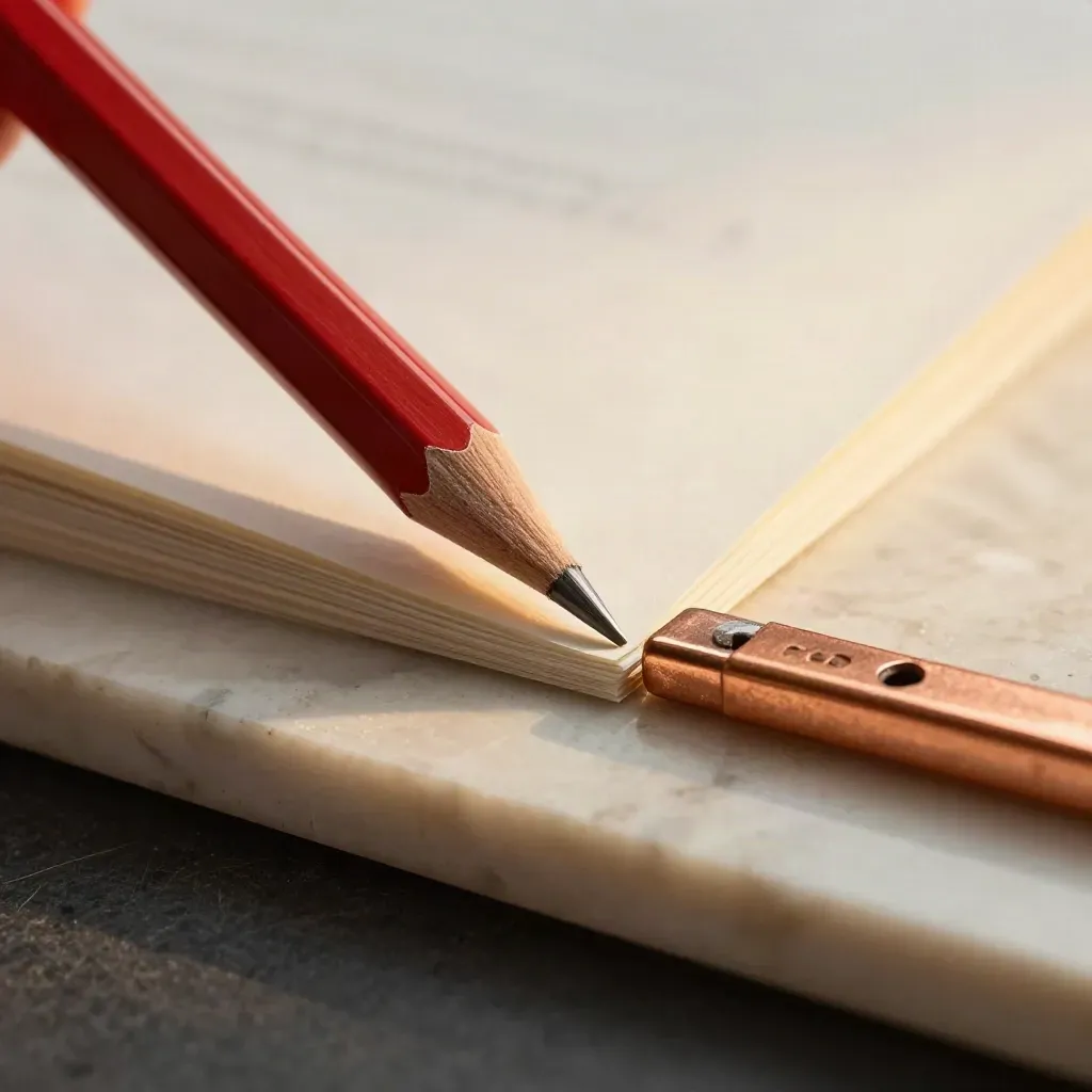 Macro of a red pencil tip, eraser, face-down manuscript stack and copper paper knife on travertine.