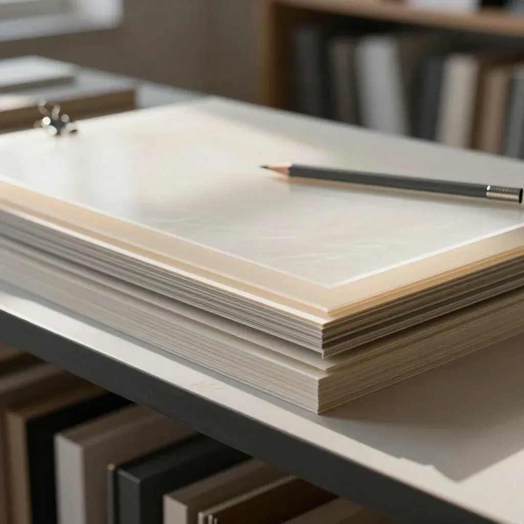 Layout film, material boards, binder clips and pencil in a design studio still life.