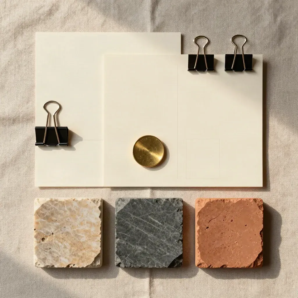 Overhead flatlay of planning cards, binder clips, brass token, and stone samples on linen.