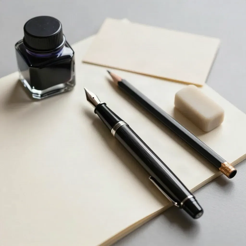 Fountain pen, ink bottle, pencil, eraser, and cream pages on a pale wood desk.