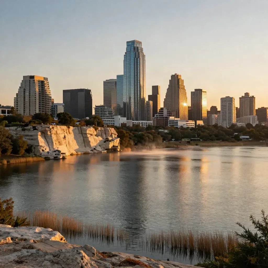 Austin skyline above Lady Bird Lake with warm golden light and limestone bluff