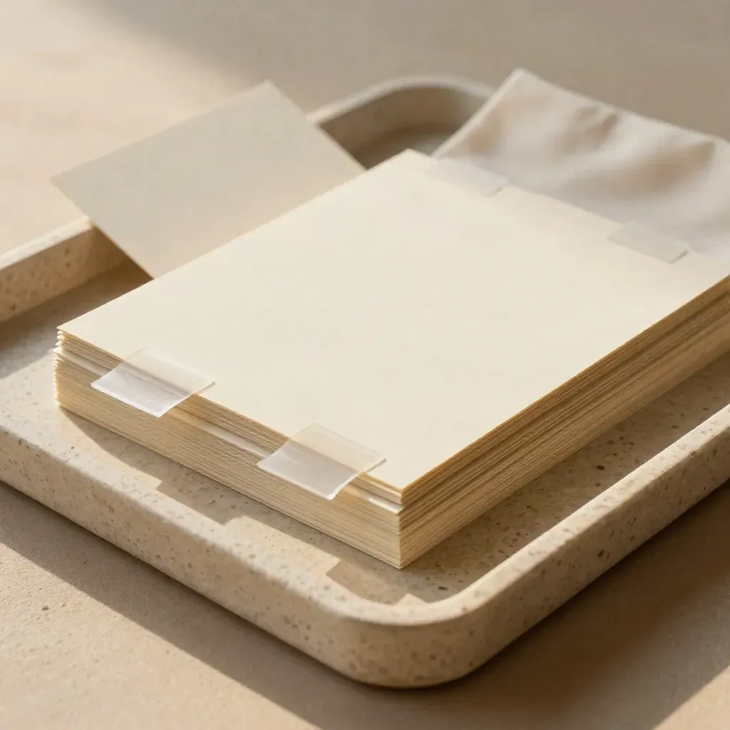 Top-down tray still life of layout boards, tabs, folded stock and a cream cloth on stone.