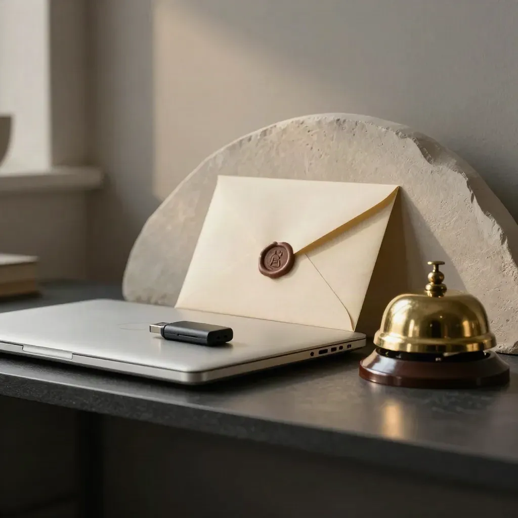 Closed laptop, USB drive, sealed envelope and brass bell on a dark shelf in soft side light.
