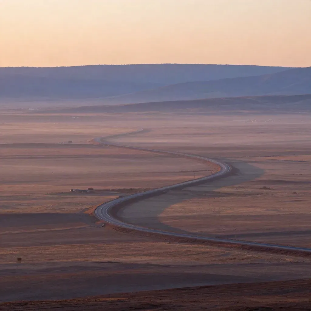 Dawn interstate across quiet plains with distant city lights and soft textured ground for copy.