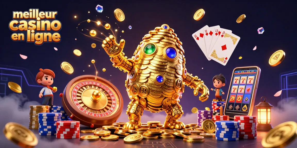 Jouez au meilleur casino en ligne avec un golem d'or, des jetons de poker et une roulette.