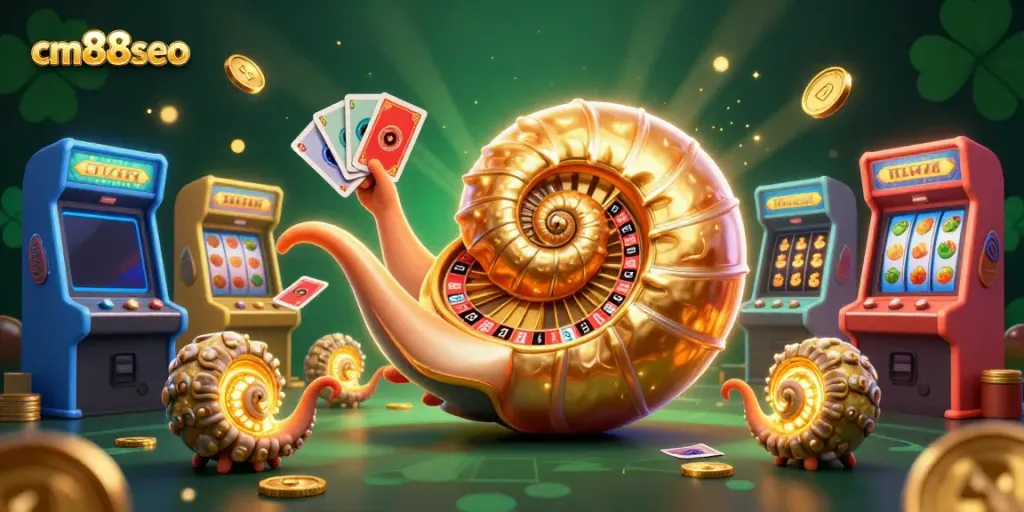 Experience the vibrant gaming world at cm88seo with a giant nautilus roulette wheel and bright arcade elements.