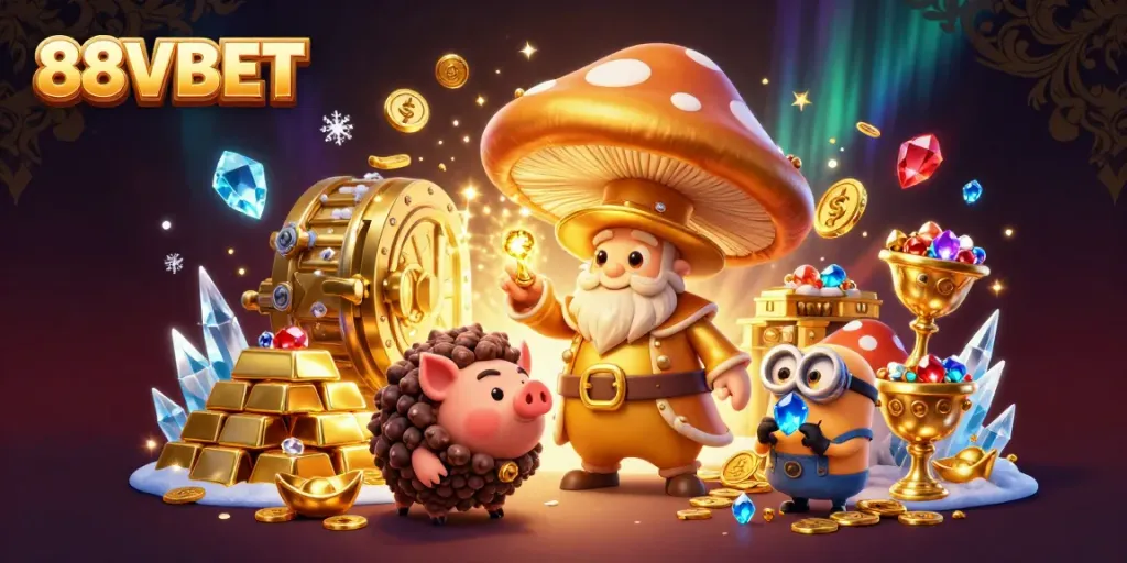 Experience the magic of 88VBET with golden treasures and whimsical characters in an enchanting casino scene.