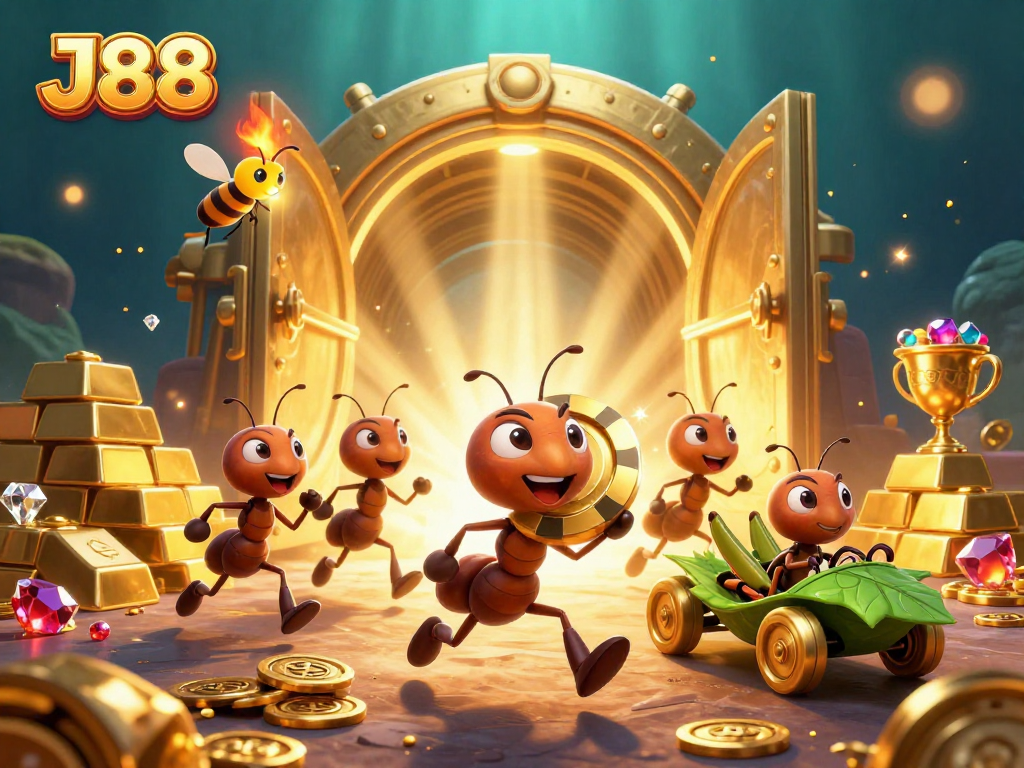 J88 team of ants heist with golden poker chip and sparkling treasures in 3D scene