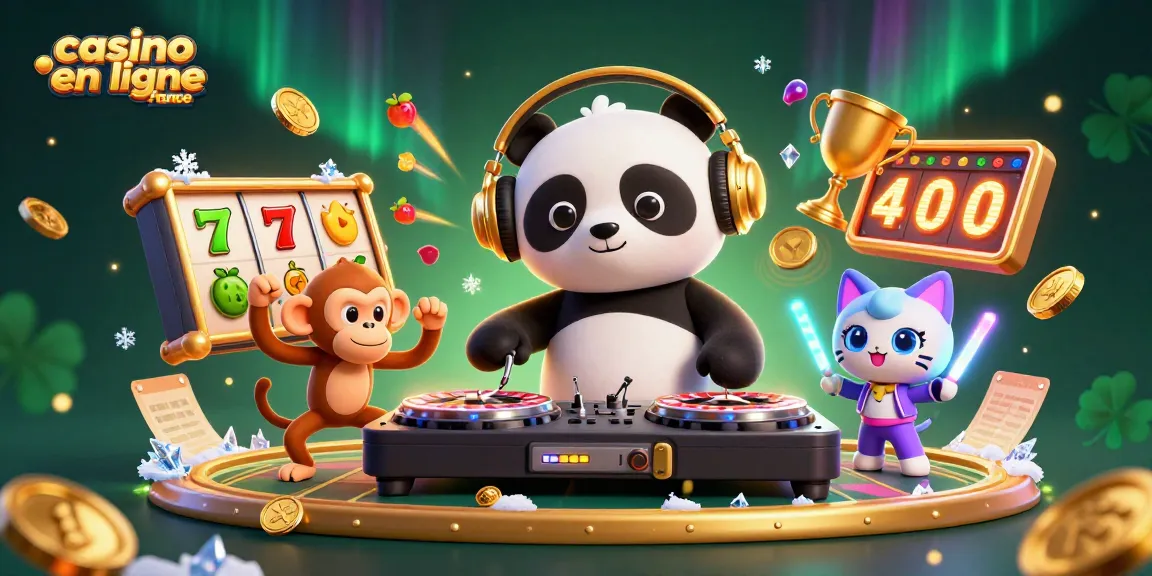 Plongez dans l'excitation du casino en ligne France avec une ambiance de fête animée et des éléments de jeu vibrants.