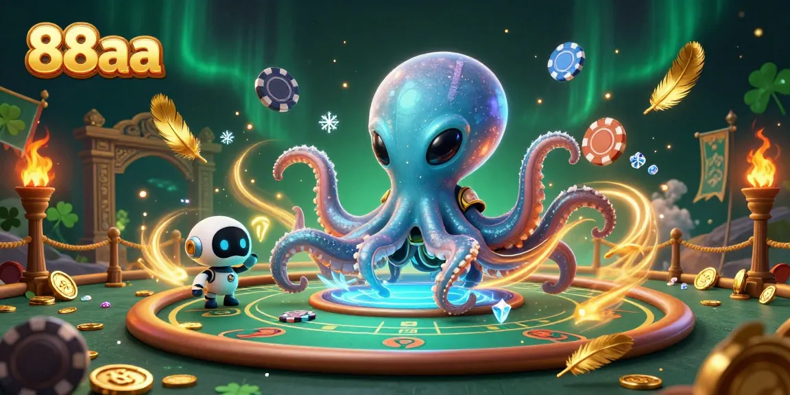 Engage with 88aa as the alien octopus operates a futuristic poker table in a dynamic casino scene.