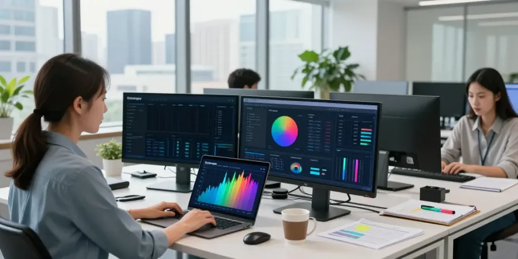 Data analyst reviewing business data from Outscraper in a modern office setting