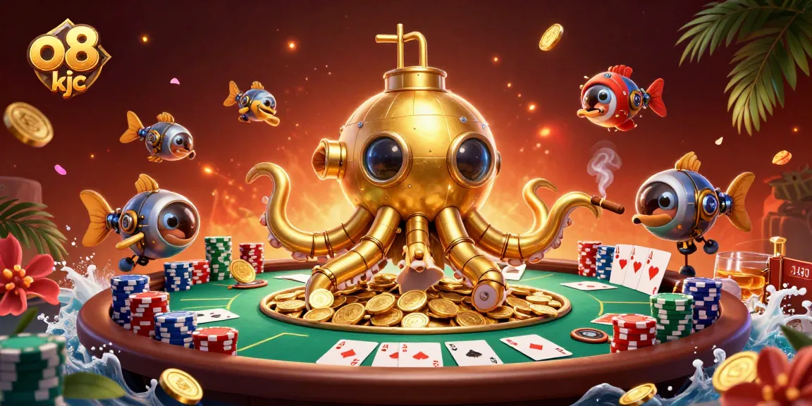 Engage in thrilling gameplay with o8 kjc as a golden kraken surfaces from coins at a poker table.