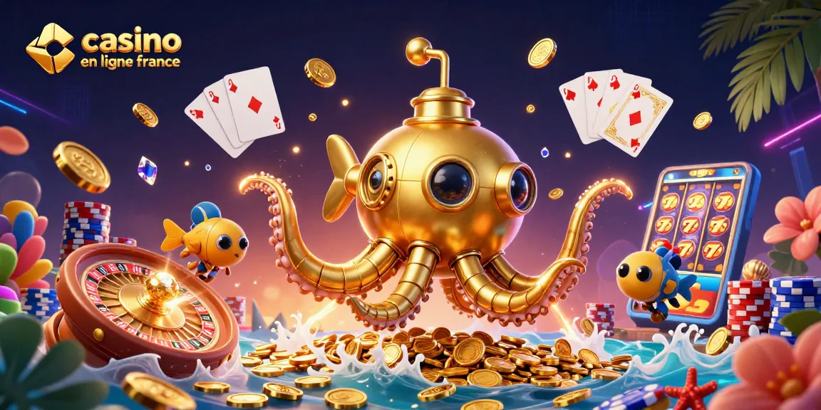 Jouer au casino en ligne France avec un kraken d'or sur un océan de pièces et de jeux lumineux.