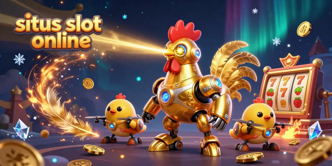 Experience the thrill of situs slot online with vibrant 3D robots and lucky jackpot symbols in a dynamic scene.