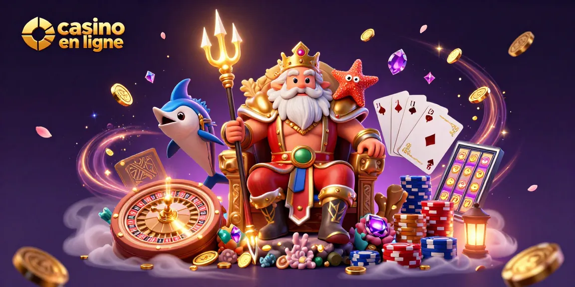 Casino en ligne avec un roi des mers, flanqué d’un garde samouraï poisson et d’étoiles de mer, entouré de pièces d’or et de jetons.