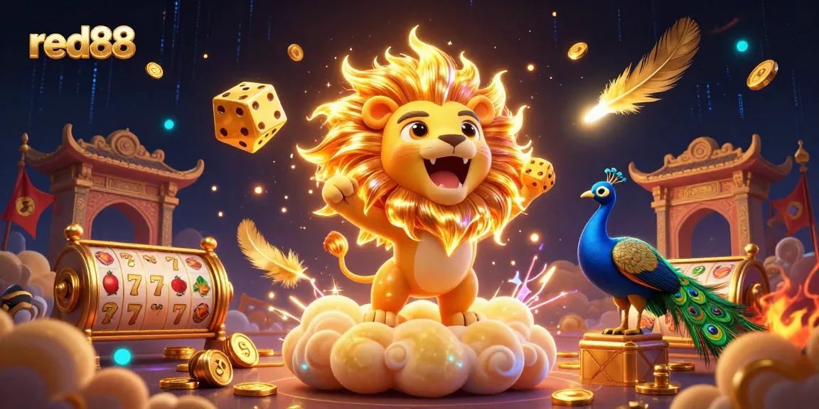 Experience excitement with red88 as a radiant lion roars on golden clouds surrounded by slot machines and winning symbols.