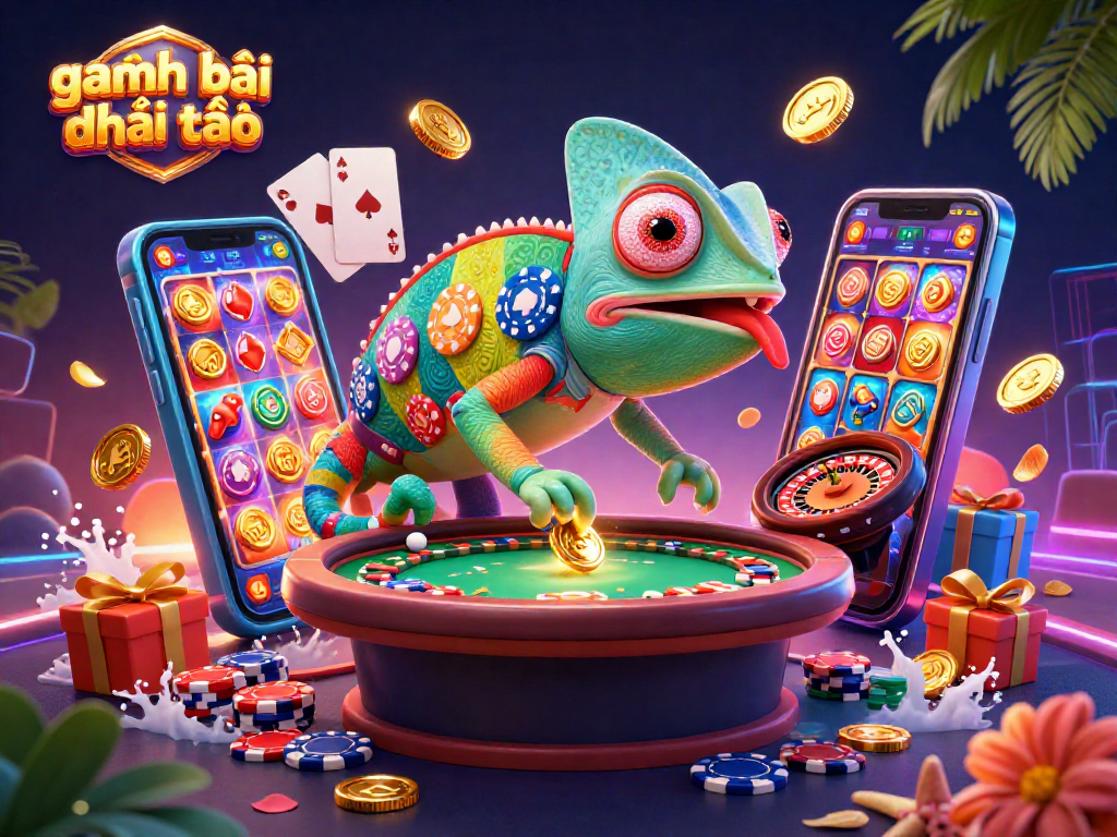 Engage in game đánh bài đổi thưởng with vibrant 3D chameleon casino owner sweeping up golden coins